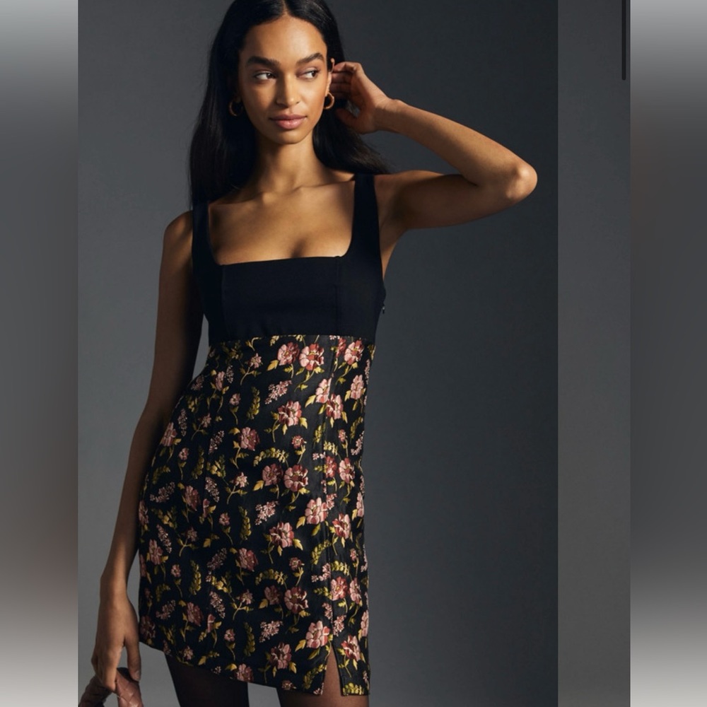 Anthropologie Maeve Square Neck Brocade Mini Dress Jumper Black Floral 6P NWOT